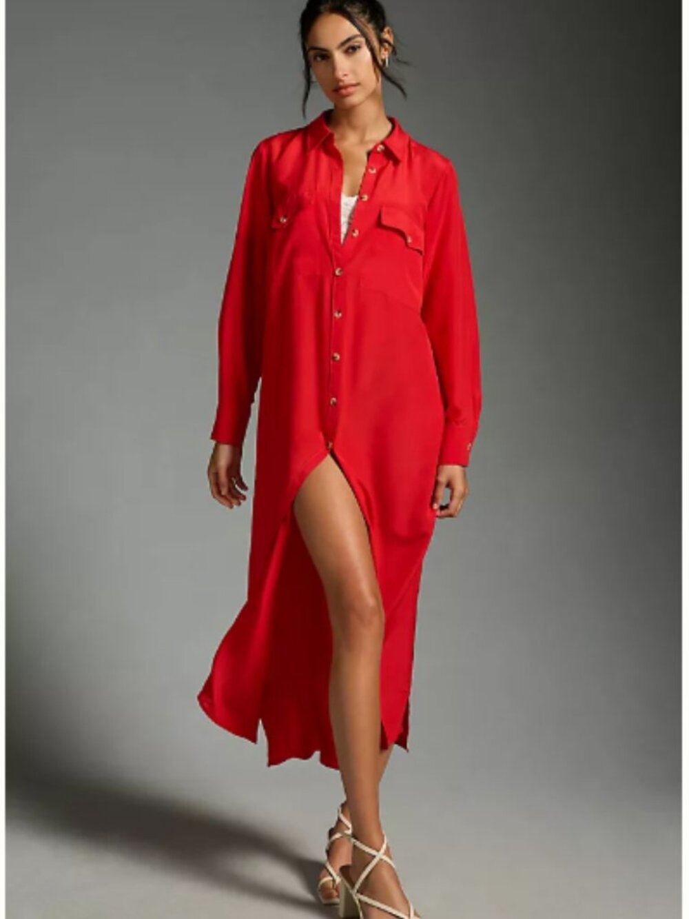 By Anthropologie Red 100% Silk Shirt Dress Size Small